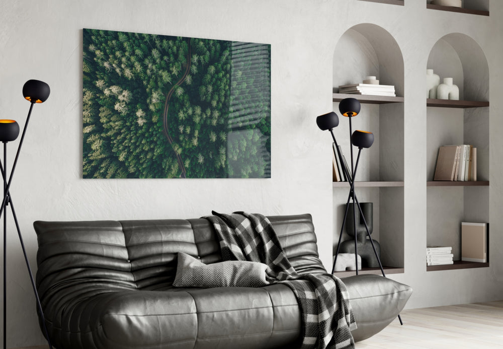 Forest panel adding editorial calm to a bedroom