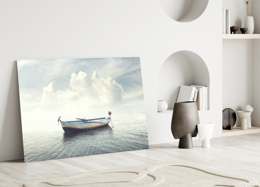 Marine glass wall art styled above a credenza in a master bedroom