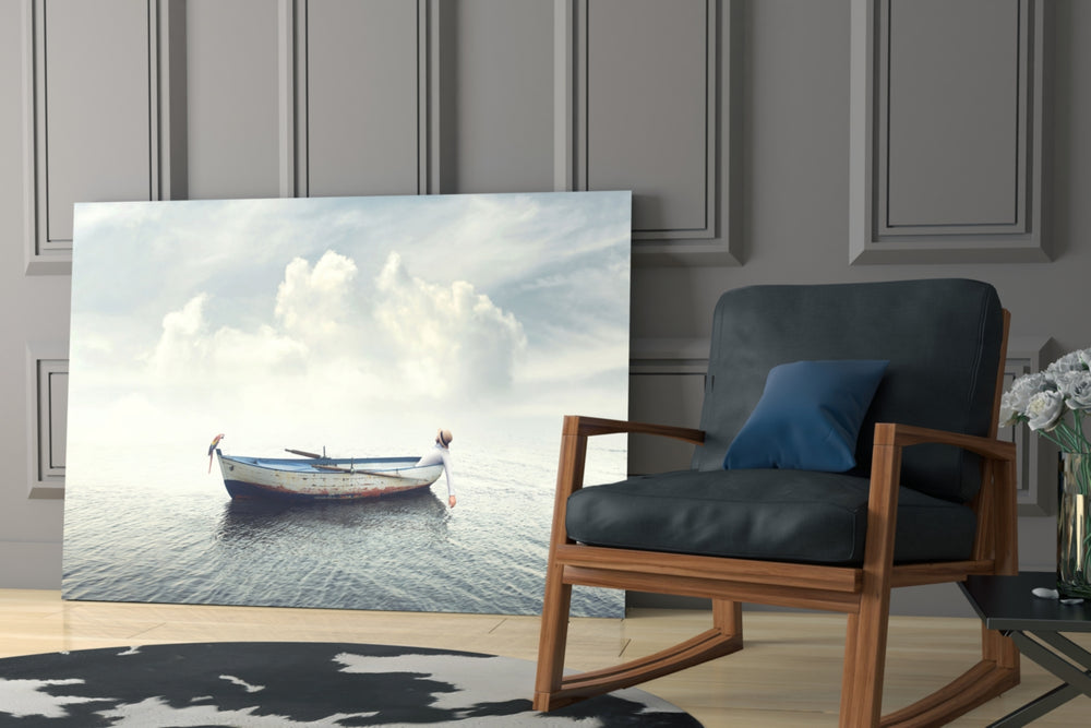 Marine artwork anchoring a wall with serene dreamy palette