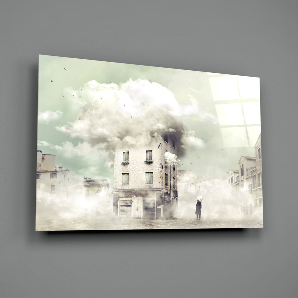 Fog close-up showing umbrella figure beside misted piazza facades