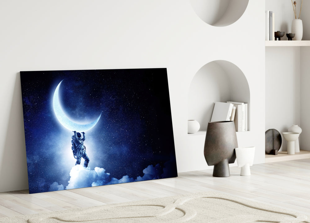 Moon Bearer glass wall art styled above a credenza in a kids room