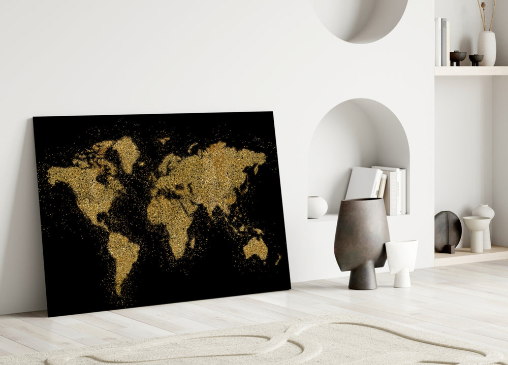 World Map glass wall art styled above a desk in an office