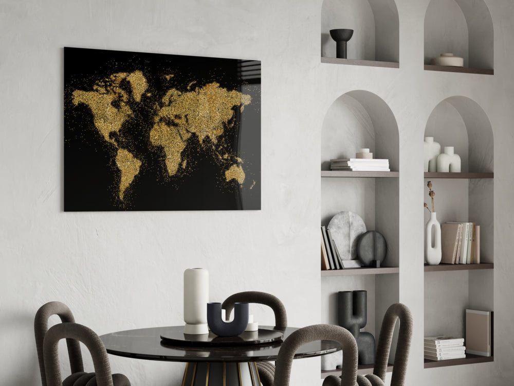World Map glass print enhancing a dining room with cinematic drama