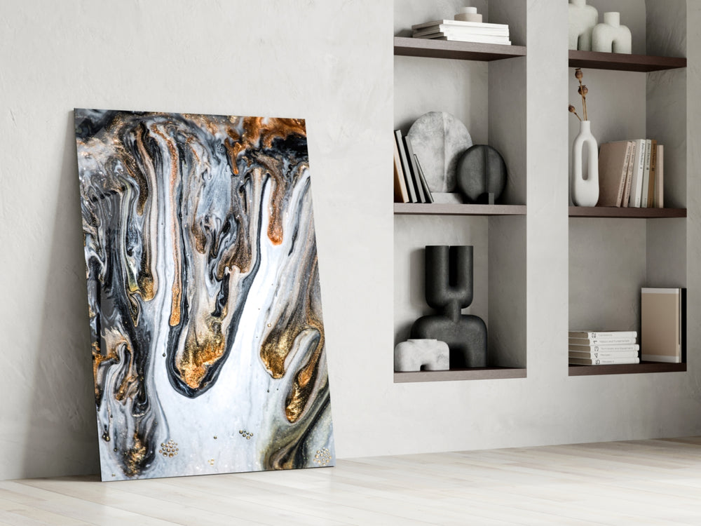 Abstract artwork anchoring a wall with luxurious marble palette
