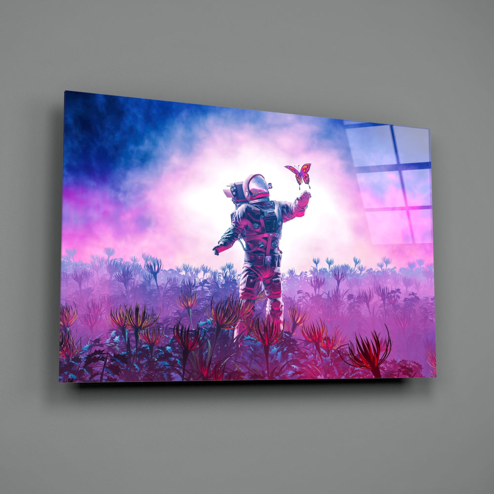 Land of Butterflies close-up showing astronaut with butterfly in magenta alien meadow