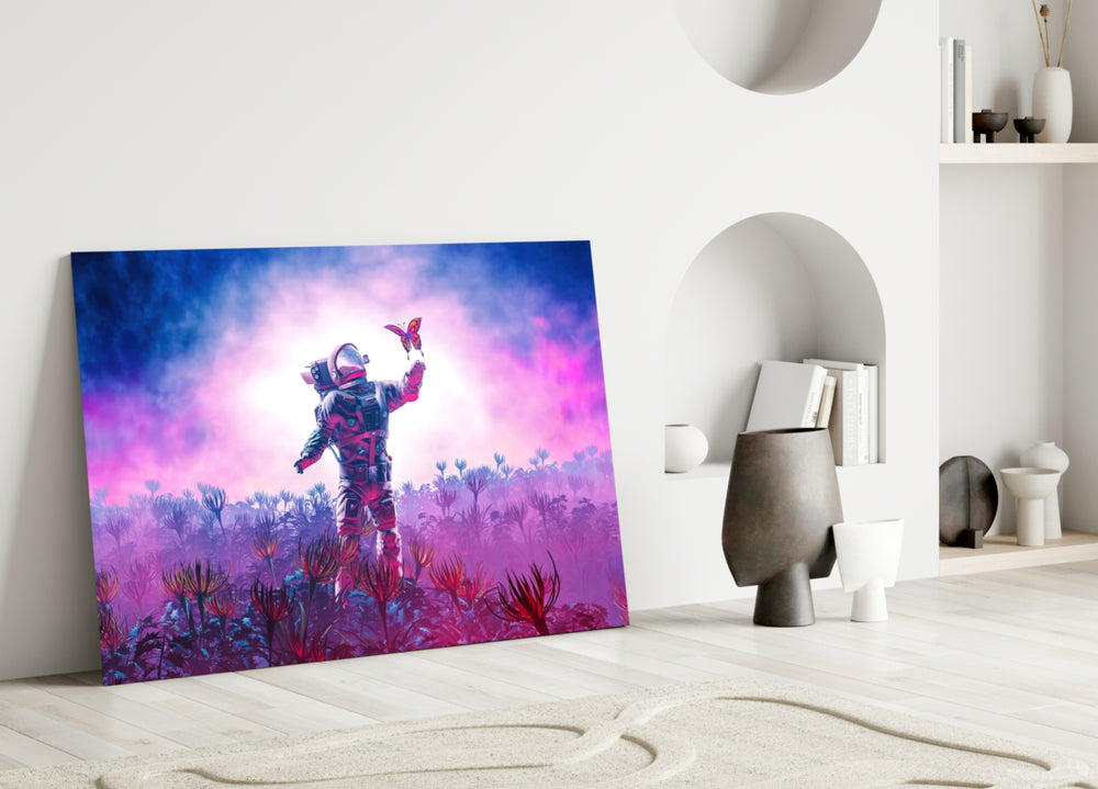 Land of Butterflies glass wall art styled above a credenza in a kids room
