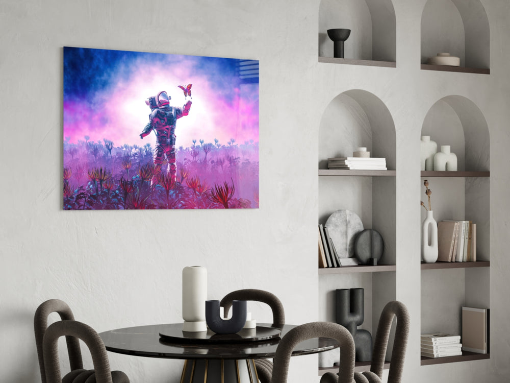 Land of Butterflies glass print enhancing a bedroom with cinematic mood