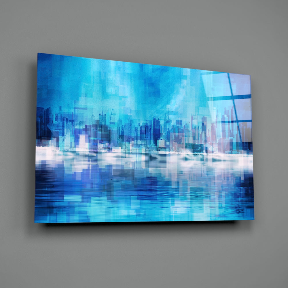 Abstract close-up showing pixel skyline in azure and pink glitch