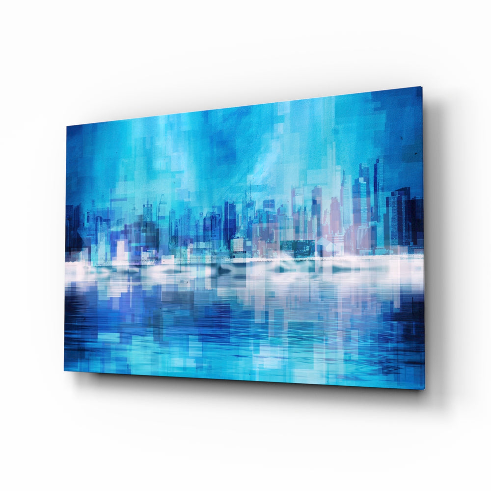 Glitch-cityscape panel bringing modern calm to a contemporary lounge