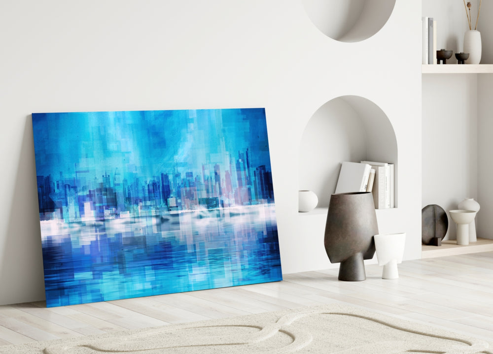 Abstract glass wall art styled above a sofa in a living room