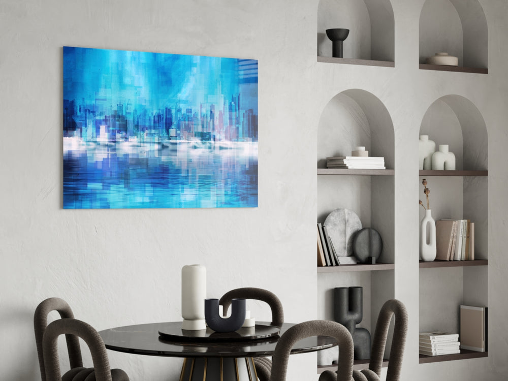 Abstract glass print enhancing a bedroom with cinematic calm