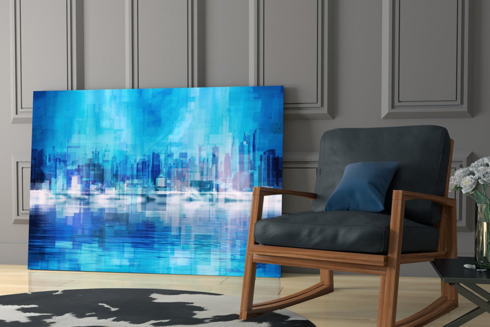 Abstract artwork anchoring a wall with modern urban palette