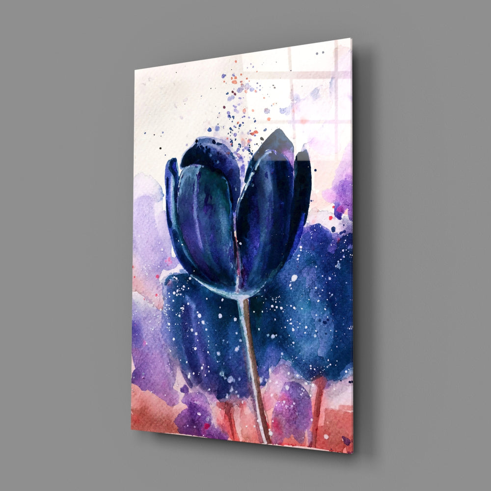Tulip close-up showing navy-violet bloom in watercolor splash