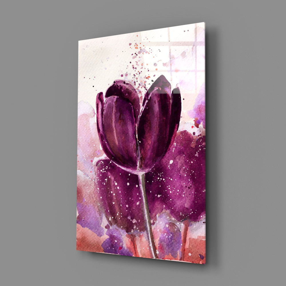 Tulip close-up showing magenta-purple bloom in watercolor splash