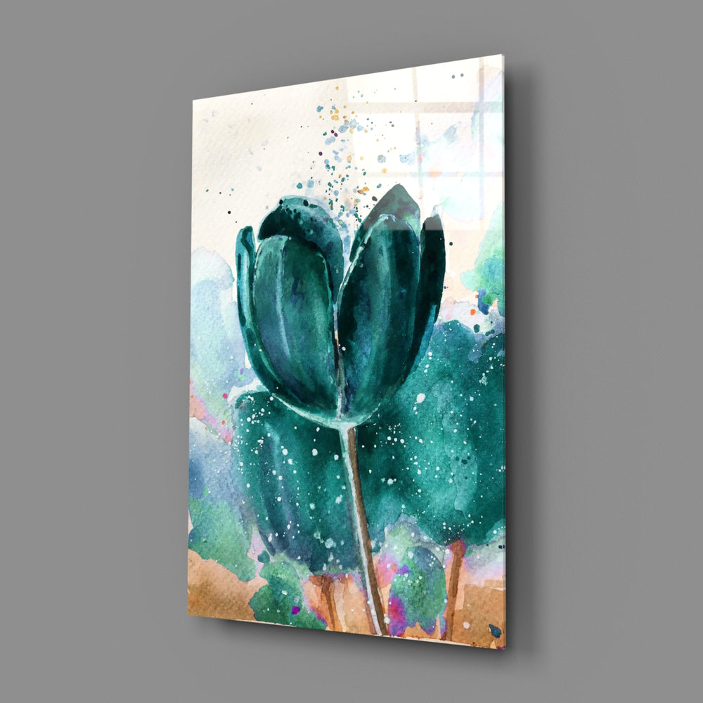 Tulip close-up showing turquoise-teal bloom in watercolor splash