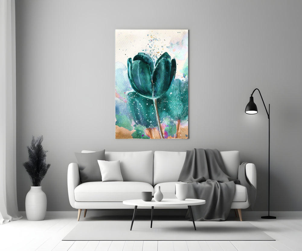 Tulip glass wall art styled above a credenza in a living room