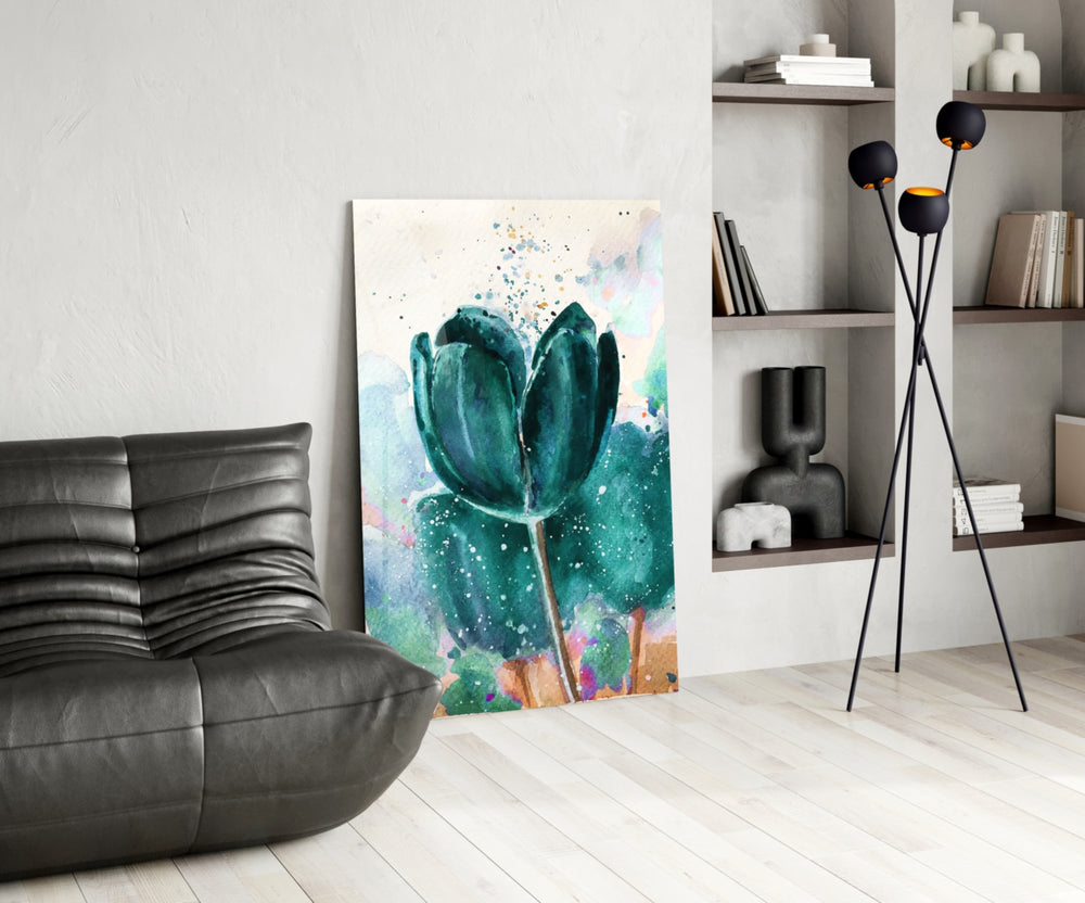 Tulip glass print enhancing a hallway with cinematic warmth