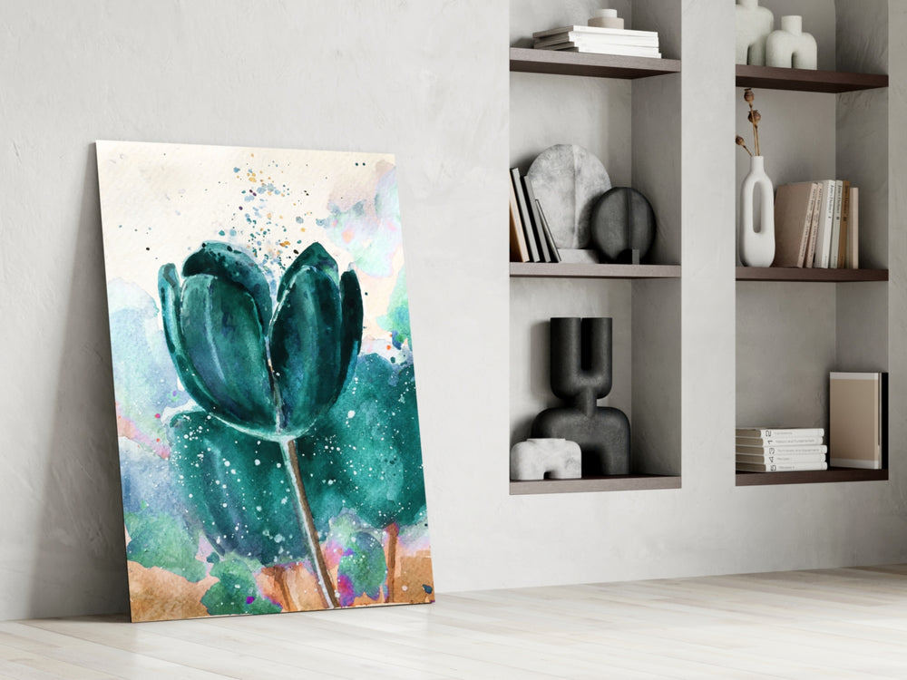 Tulip artwork anchoring a wall with serene painterly palette