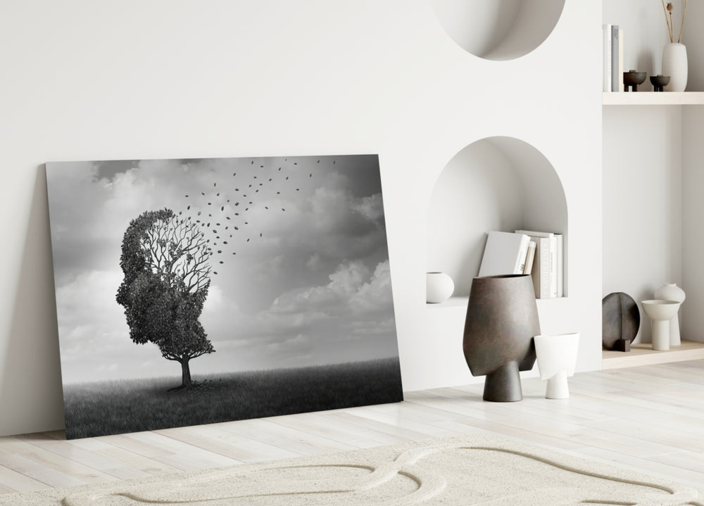 Autumn of Thoughts glass wall art styled above a sofa in a living room