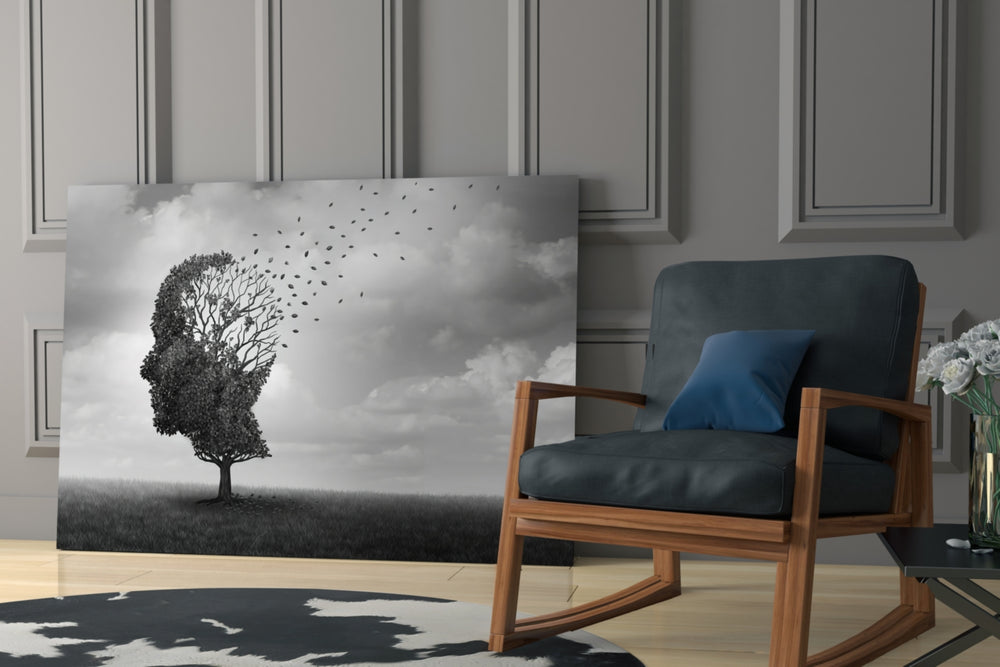 Autumn of Thoughts artwork anchoring a wall with contemplative monochrome palette