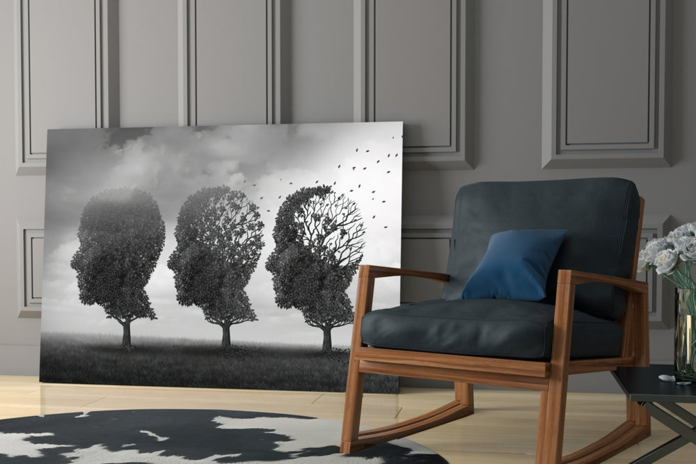 Autumn of Thoughts artwork anchoring a wall with contemplative monochrome palette