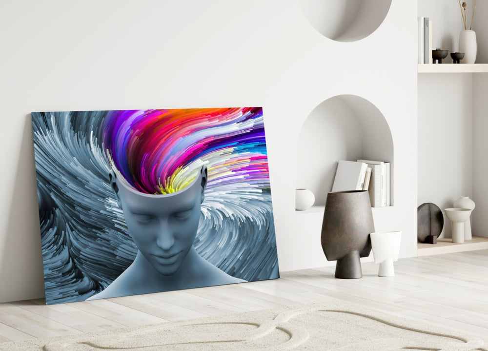 Color of Gray glass wall art styled above a desk in an office