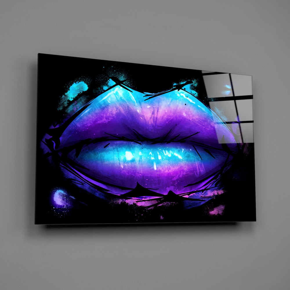 Lip close-up showing glossy cobalt and amethyst lips on velvet black