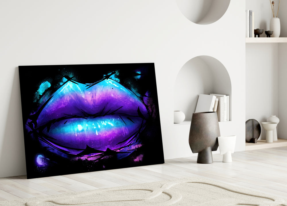 Lip glass wall art styled above a sofa in a bedroom