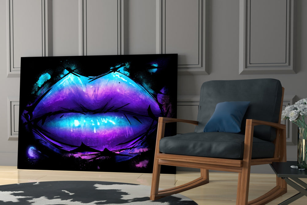 Lip artwork anchoring a wall with bold neon palette