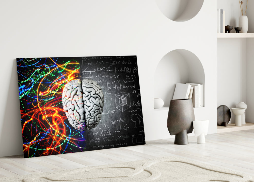 Brain glass wall art styled above a desk in an office
