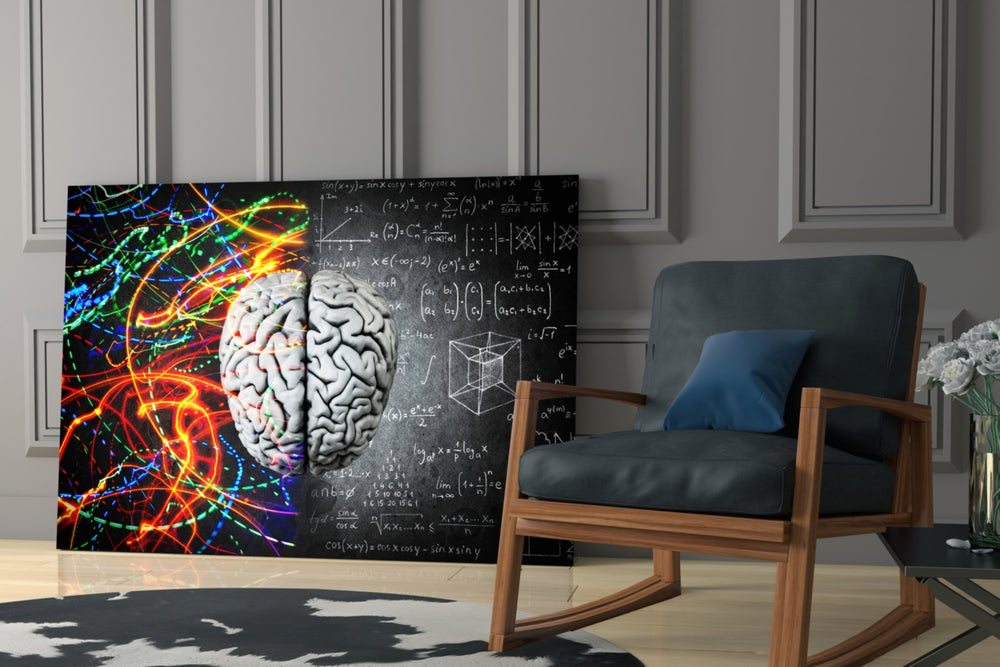 Brain artwork anchoring a wall with scholarly conceptual palette