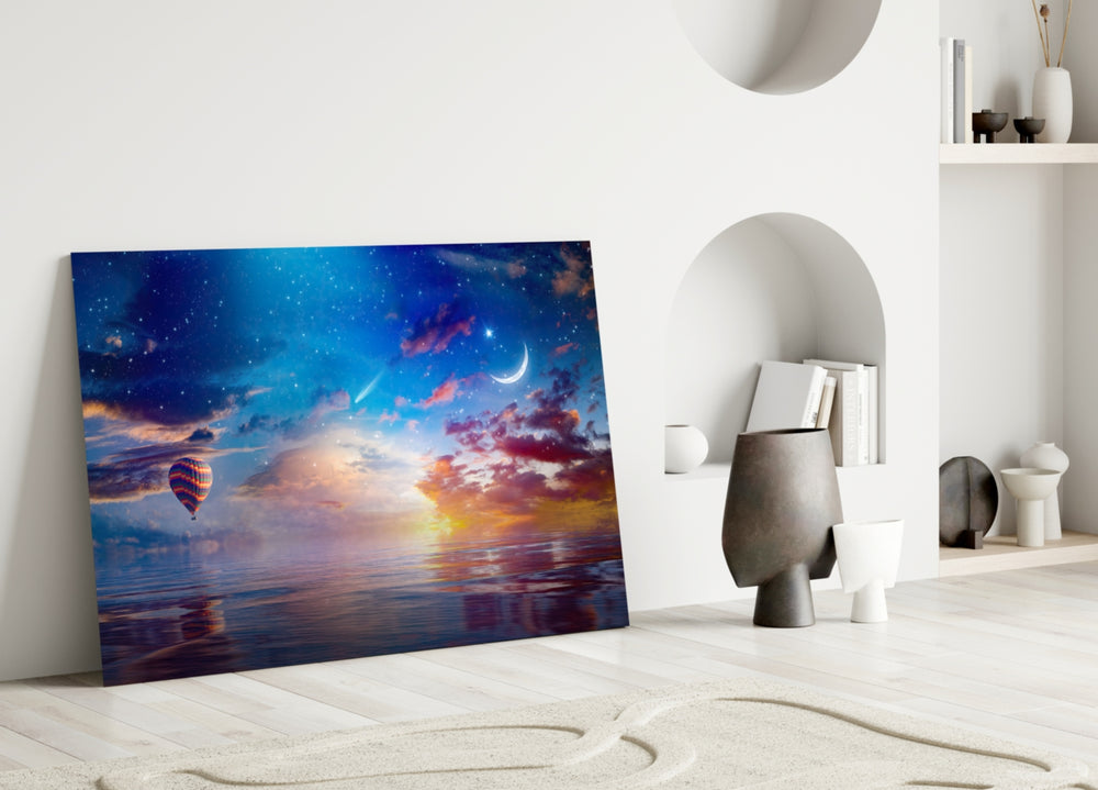 Landscape glass wall art styled above a console in a master bedroom