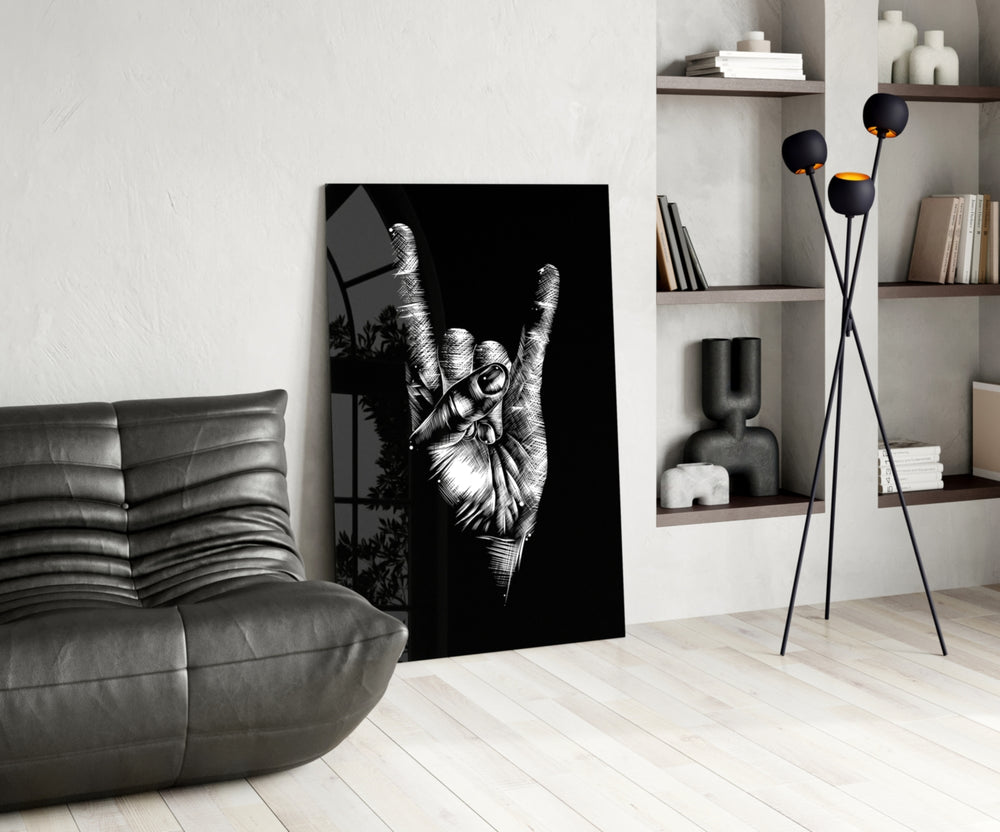 Horns Hands glass print enhancing a living room with cinematic drama