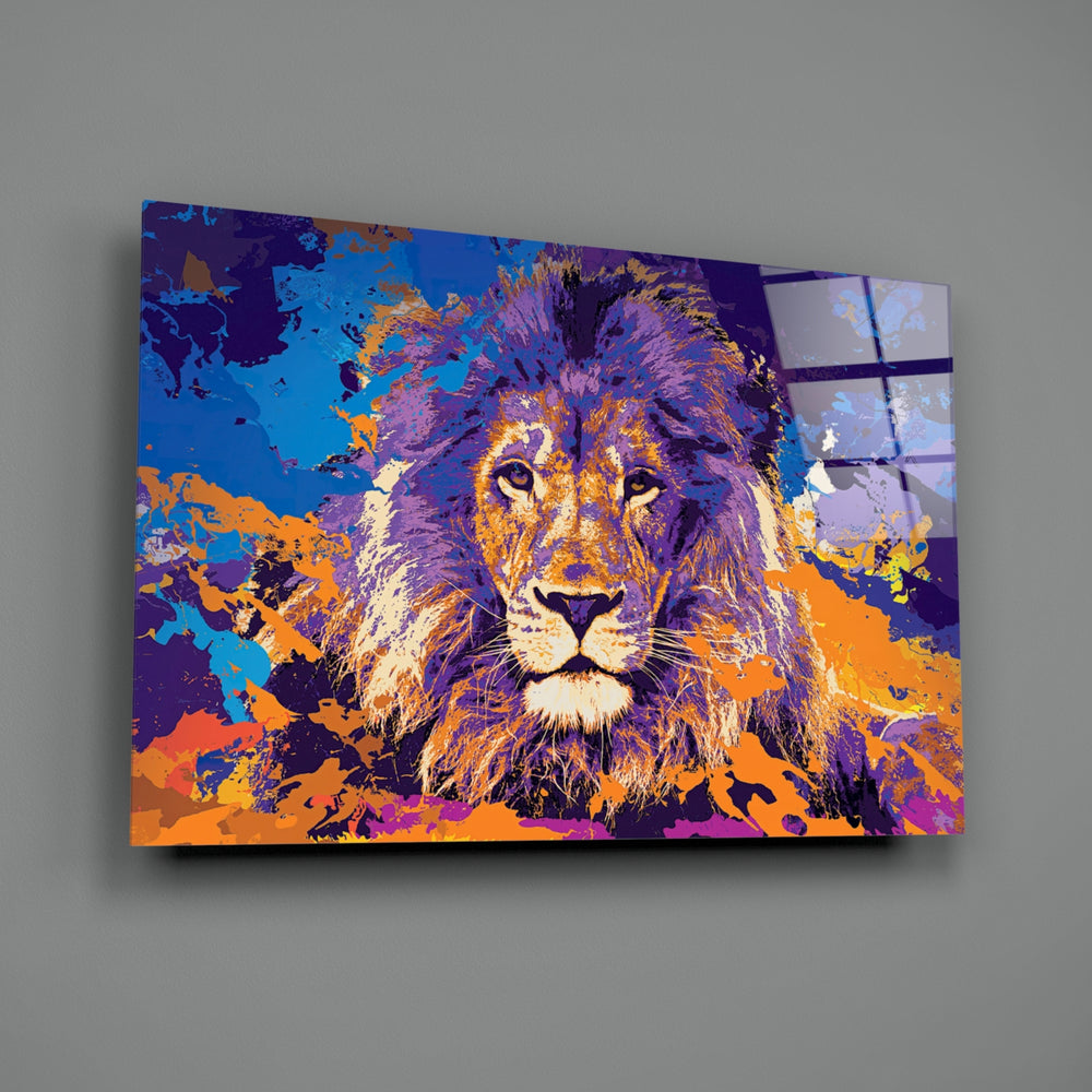 Lion close-up showing regal lion in violet and amber paint splashes