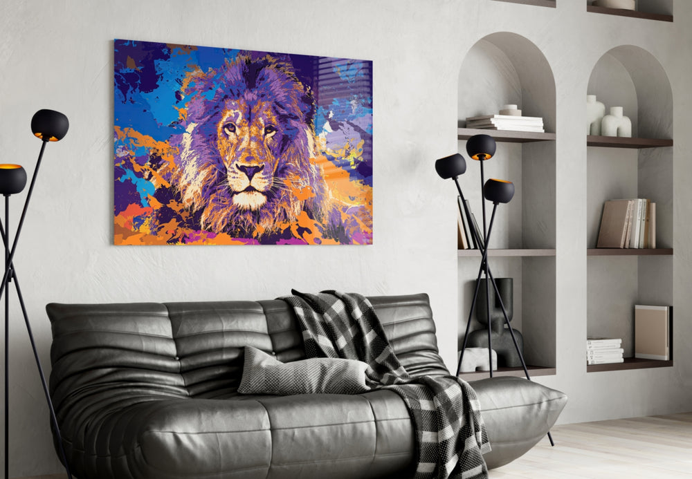 Lion panel adding editorial mood to a gaming room