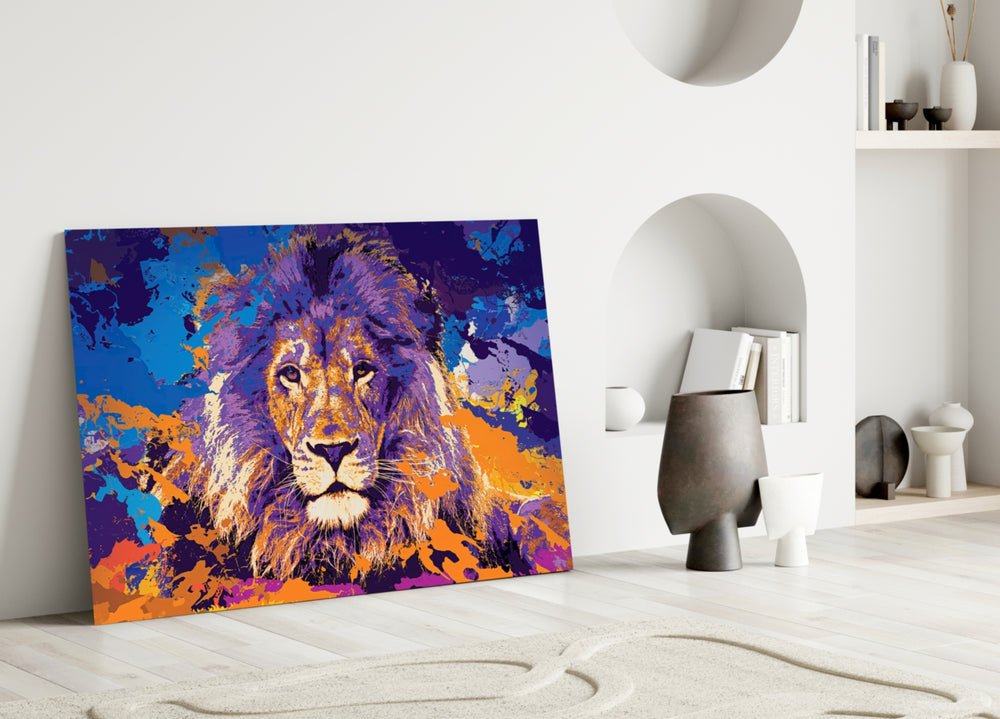 Lion glass wall art styled above a credenza in a living room