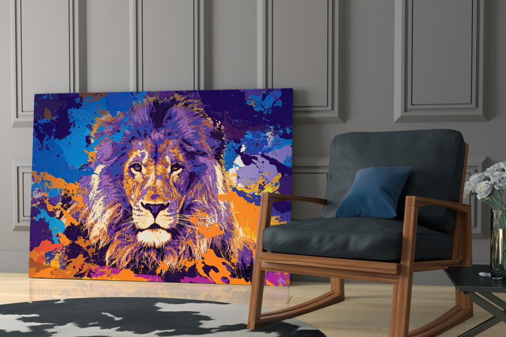Lion artwork anchoring a wall with bold vibrant palette
