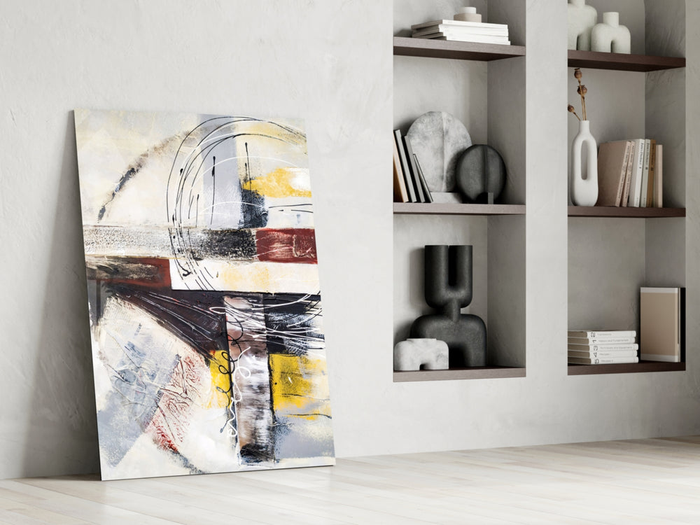 Abstract artwork anchoring a wall with bold modern palette