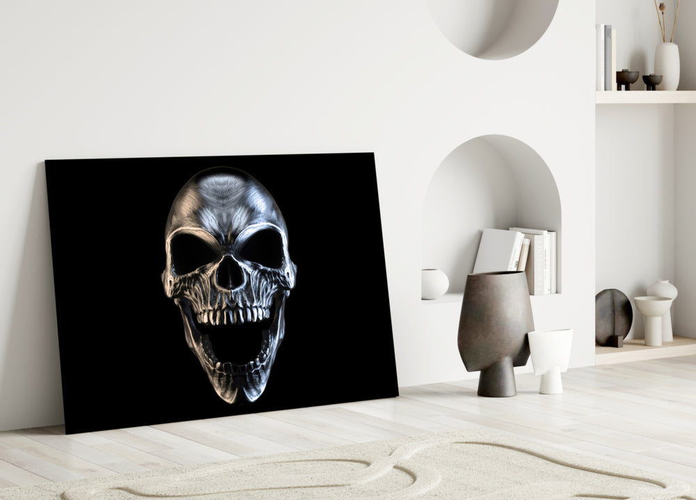 Skull glass wall art styled in a gaming room