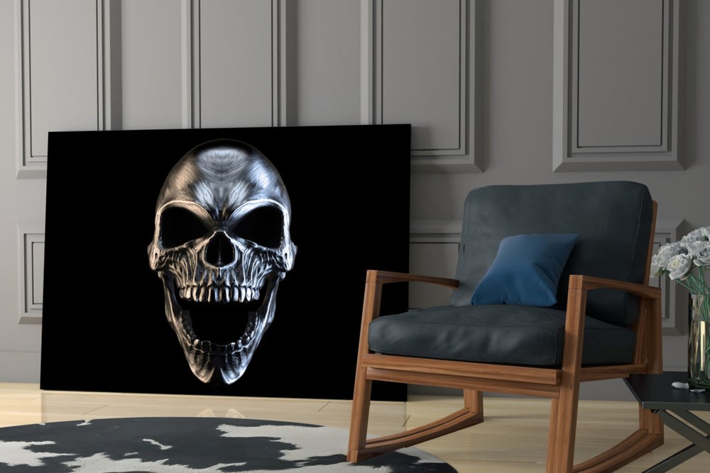 Skull artwork anchoring a wall with bold gothic palette