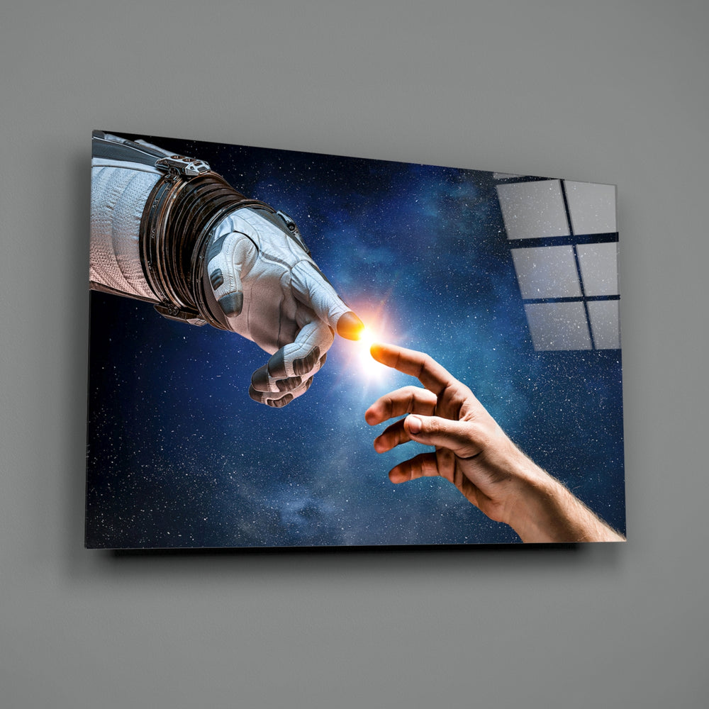 Creation close-up showing astronaut and human fingertips connecting in spark