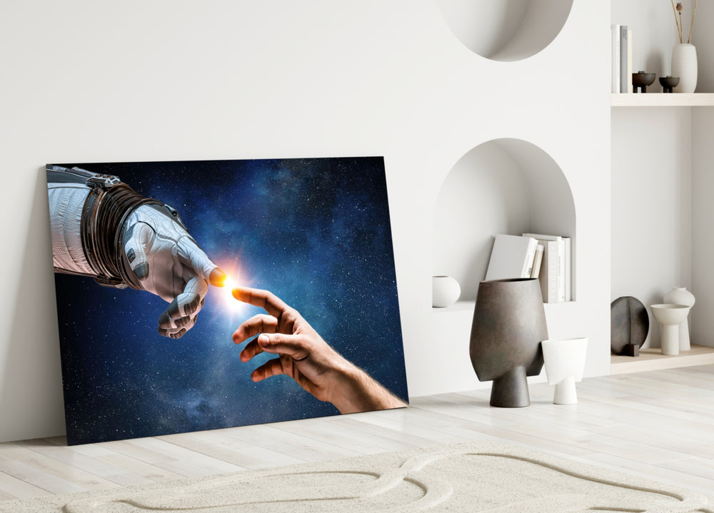 Creation glass wall art styled above a desk in a gaming room
