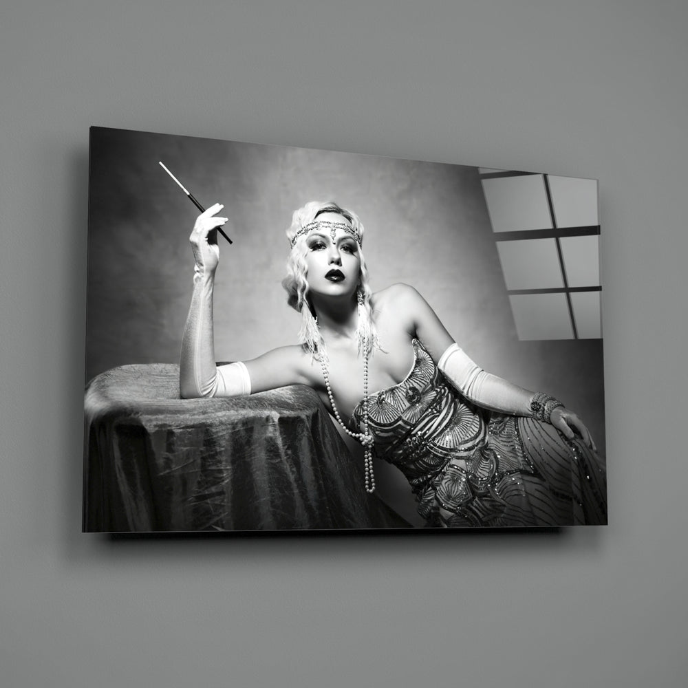 Roaring 20s close-up showing flapper with cigarette holder and beaded dress