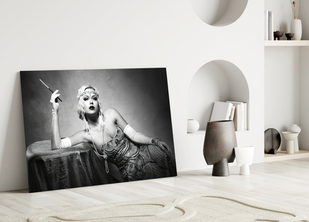 Roaring 20s glass wall art styled above a sofa in a living room