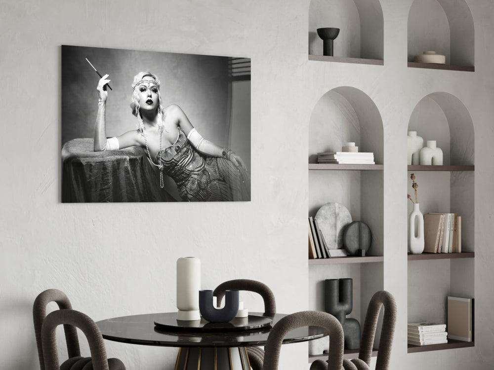 Roaring 20s glass print enhancing a dining room with cinematic drama