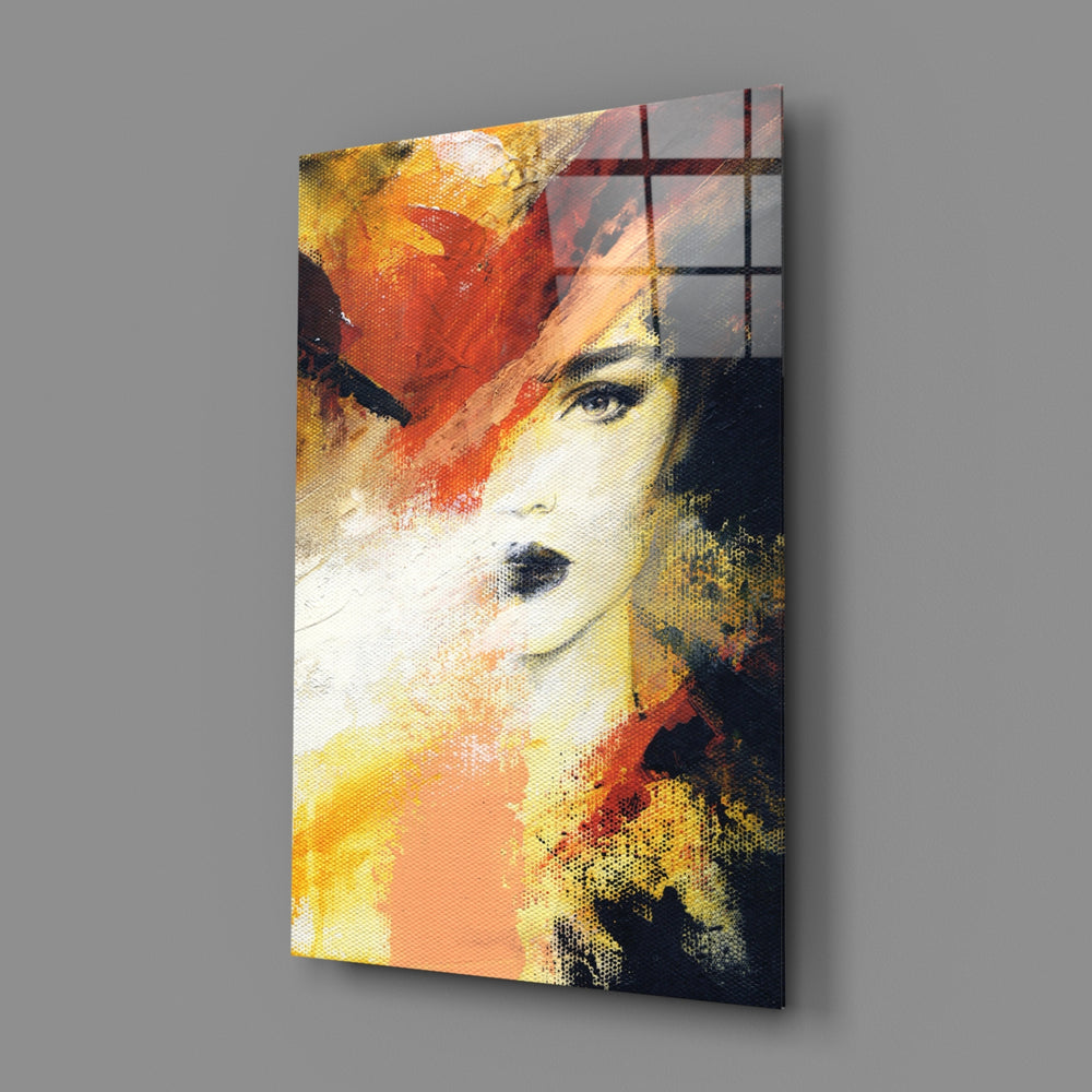 Women's close-up showing painterly muse in amber and crimson brushstrokes