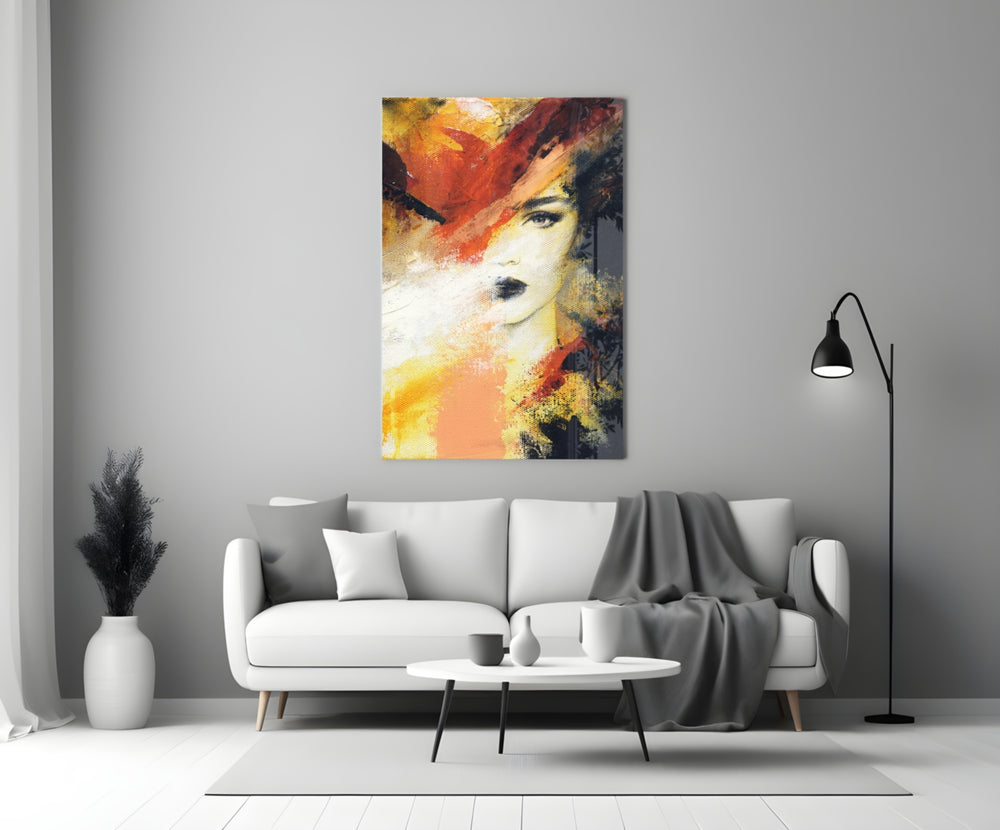 Women's glass wall art styled above a credenza in a bedroom
