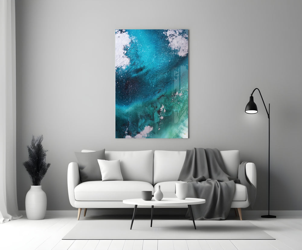 Colors of Abstraction glass wall art styled above a sofa in a living room