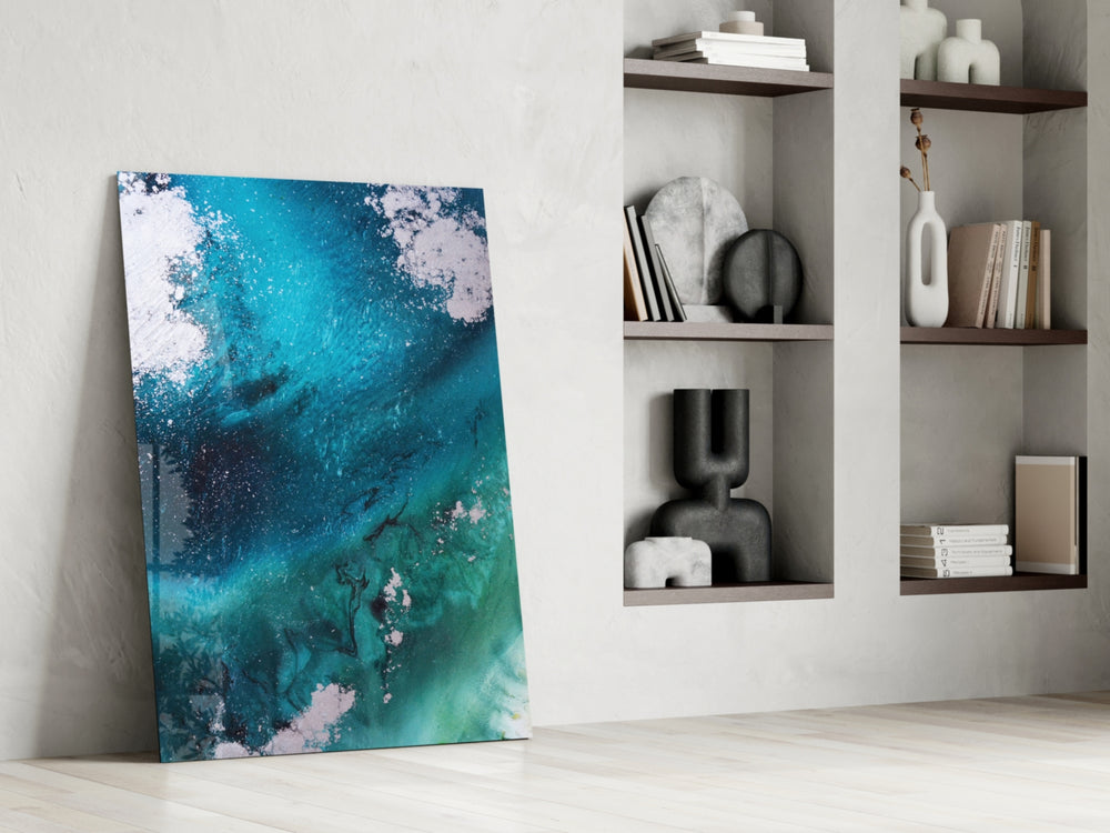 Colors of Abstraction artwork anchoring a wall with serene coastal palette