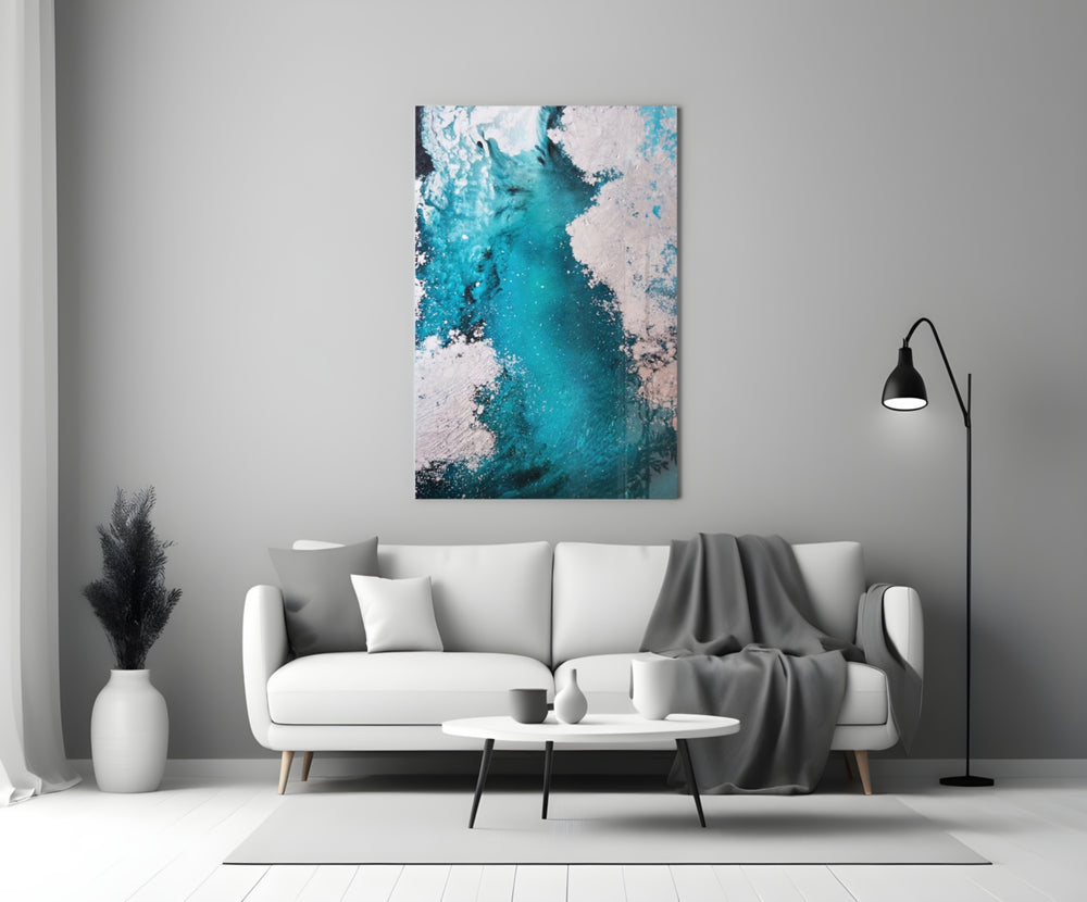 Colors of Abstraction glass wall art styled above a sofa in a living room